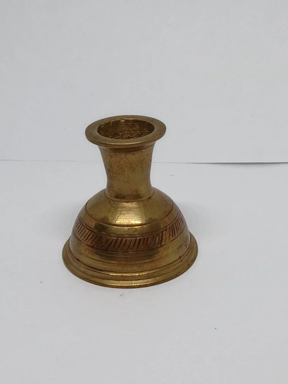 SMALL VINTAGE ANTIQUE BRASS VESSEL WITH GEOMETRIC PATTERNS IN RED PAINT
